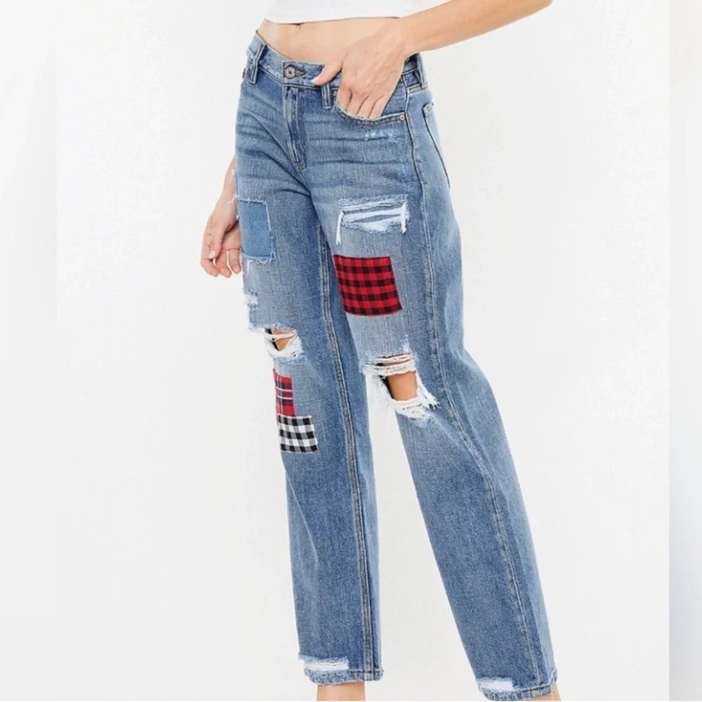 Kancan patchwork jeans denim distressed boyfriend relaxed 30 cotton